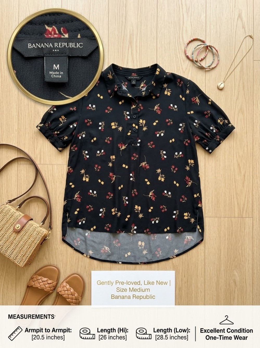 Banana Republic Black Short-Sleeve Button-Down with Red and Yellow Floral Print